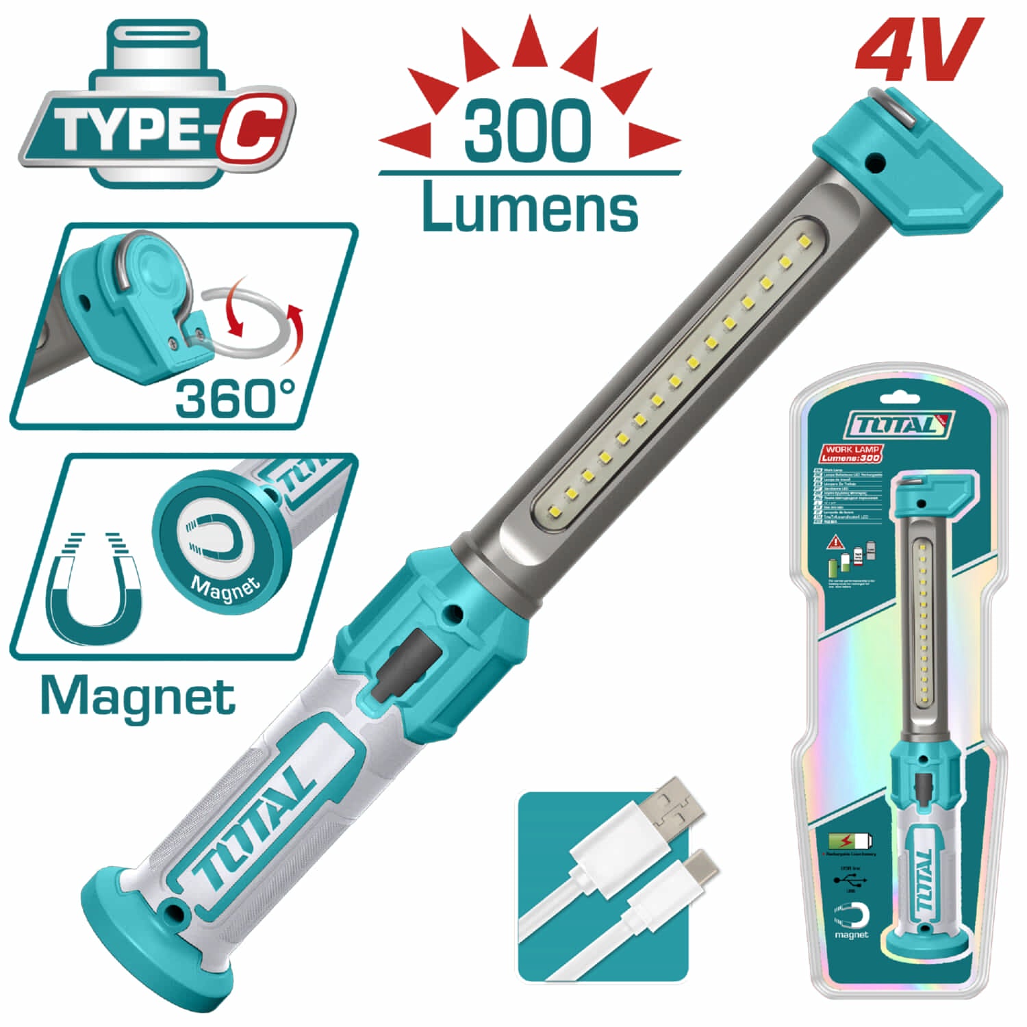 Linterna lampara de mano 4V 3.5W  Lumens 300 ±10% / Bajo: 75 ±10%  con batería recargable. Incluye cable de carga USB