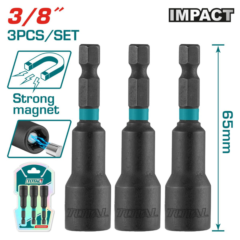 Set 3pcs Copas hexagonales magneticas 3/8". Largo 65 mm. Material: 50BV30.