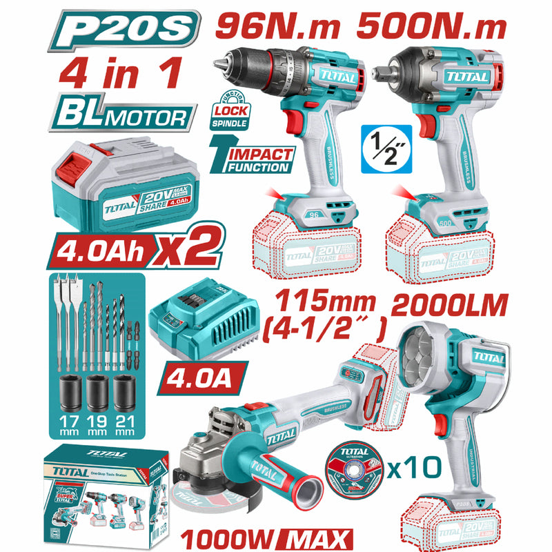 Combo Del Mes Total Taladro Impacto 20V  Sin Escobillas 96 Nm Llave de Impacto 1/2" 500 Nm Esmeriladora angular 1000W   Lámpara de trabajo 2000Lm. Batería Y Cargador. POCAS UNIDADES.