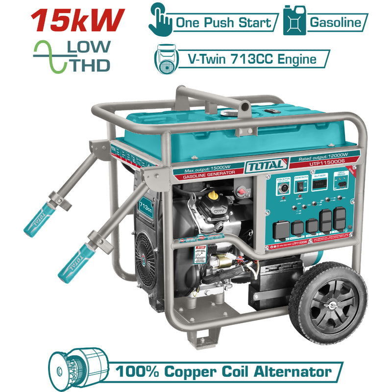 Generador a Gasolina 15,000 watts 15kW 110-120V 60Hz 3600rpm 40L Motor Bicilíndrico V. Encendido con botón. Planta