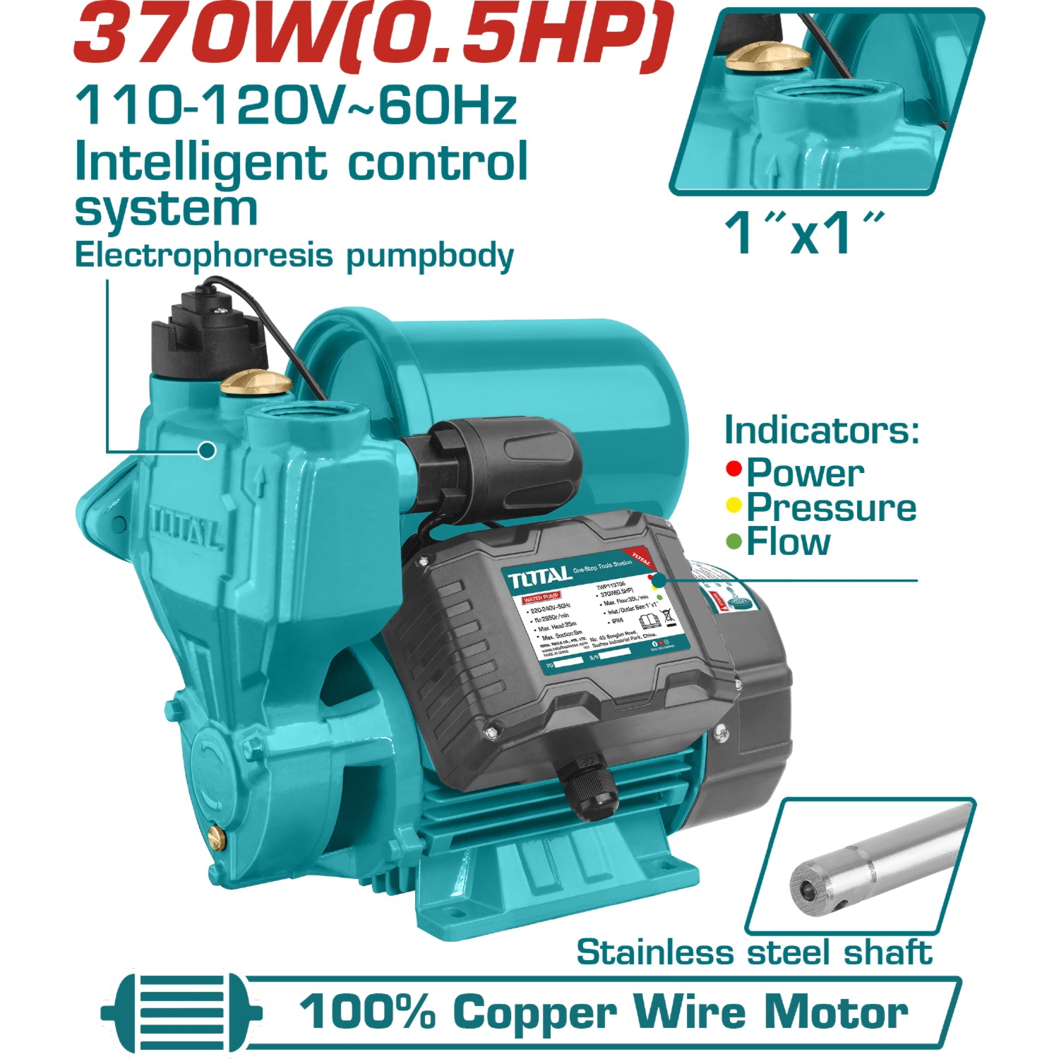 Bomba de agua periférica autocebante control inteligente automática 370W(0.5hp) Max. 35m.