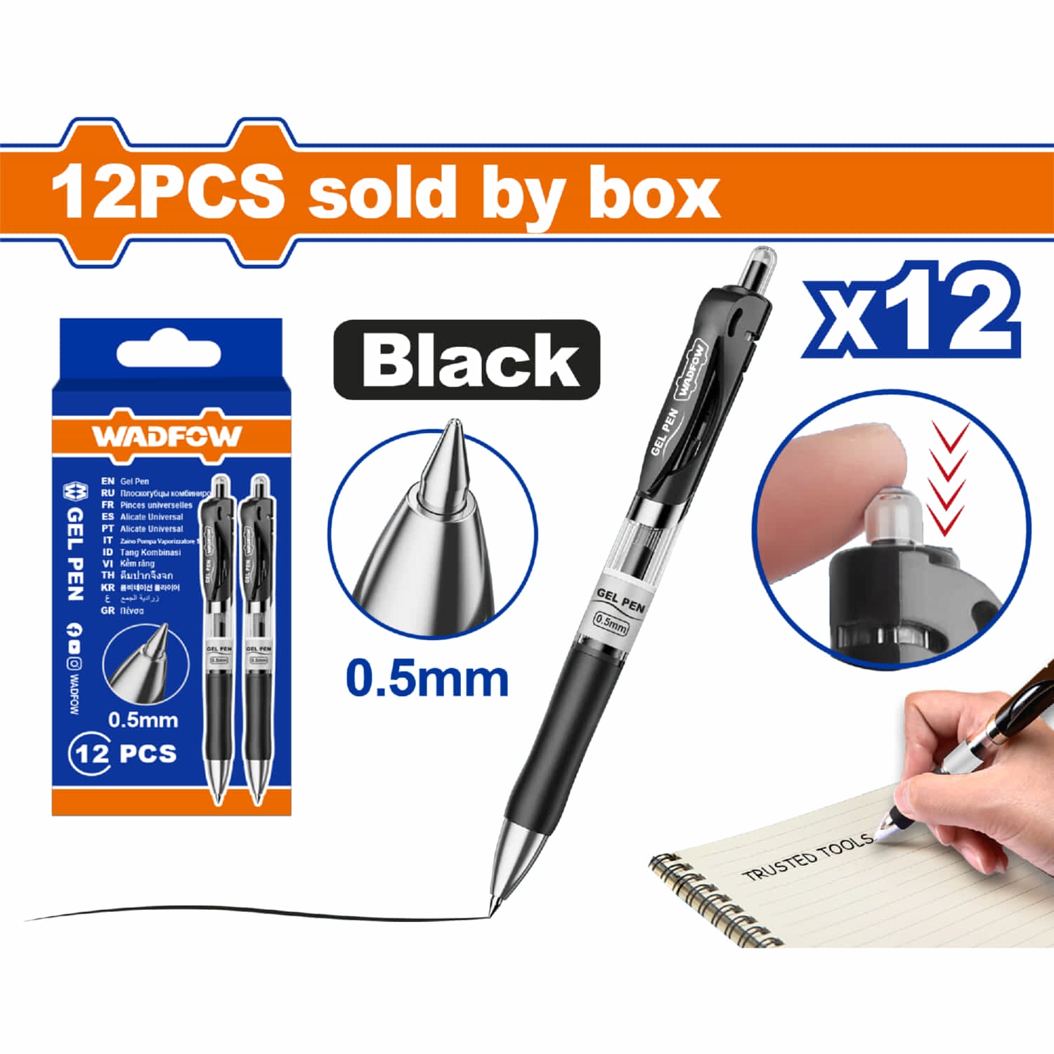 Bolígrafos de gel punta 0.5mm retráctil Negro Set de 12 pzas Agarre cómodo. Pluma gel.