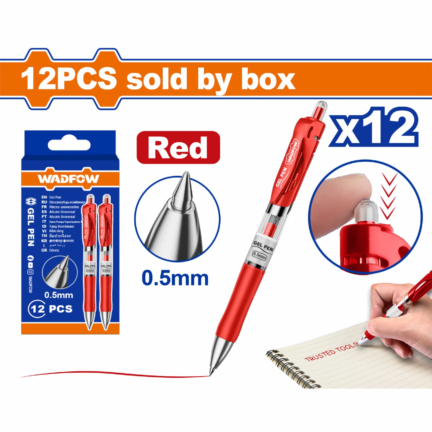 Bolígrafos de gel punta 0.5mm retráctil Rojo Set de 12 pzas Agarre cómodo. Pluma gel.