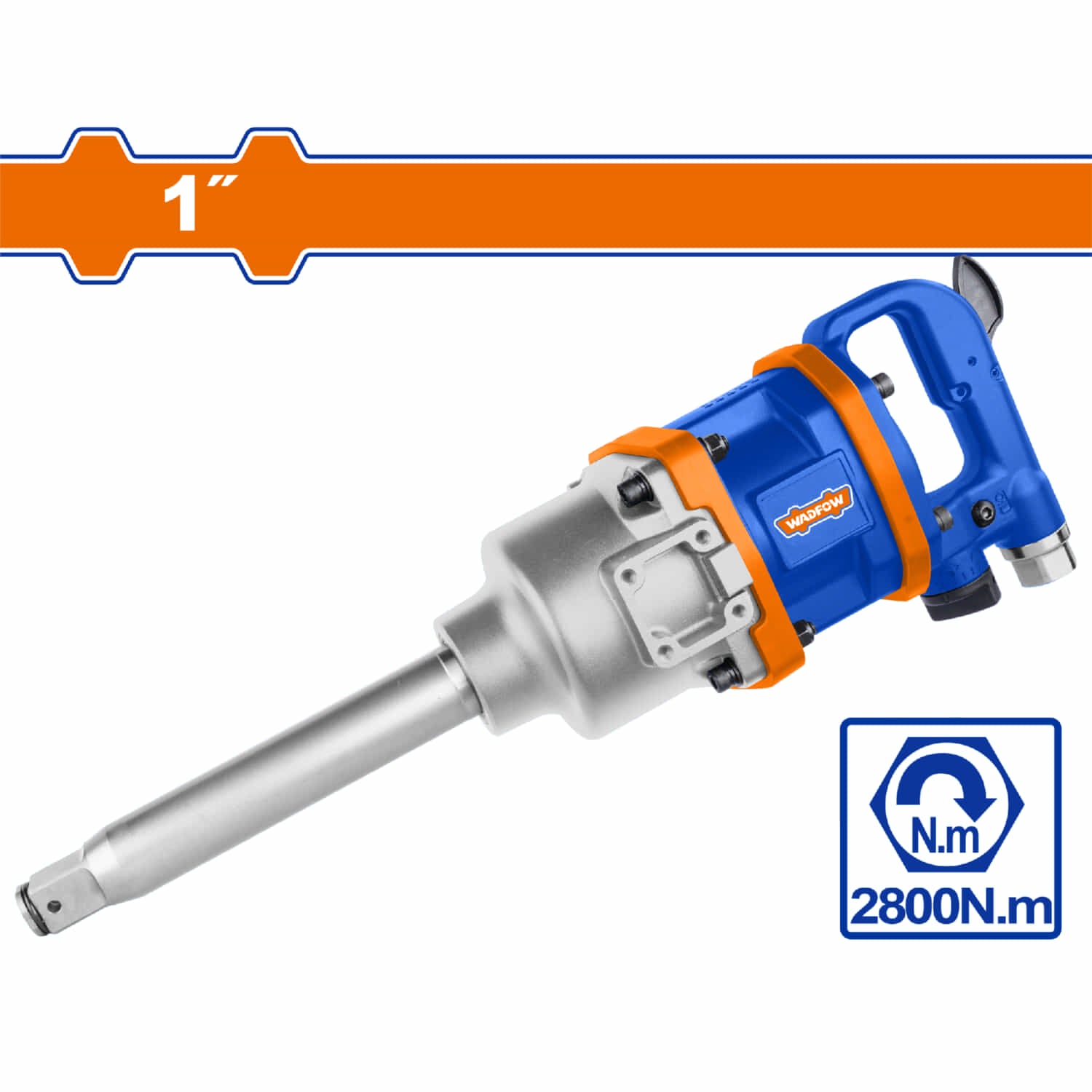 Llave de impacto neumática 1" Velocidad sin carga 4000/min Max.torque:2800 N.m Entrada de aire 1/2" Incluye conector universal.