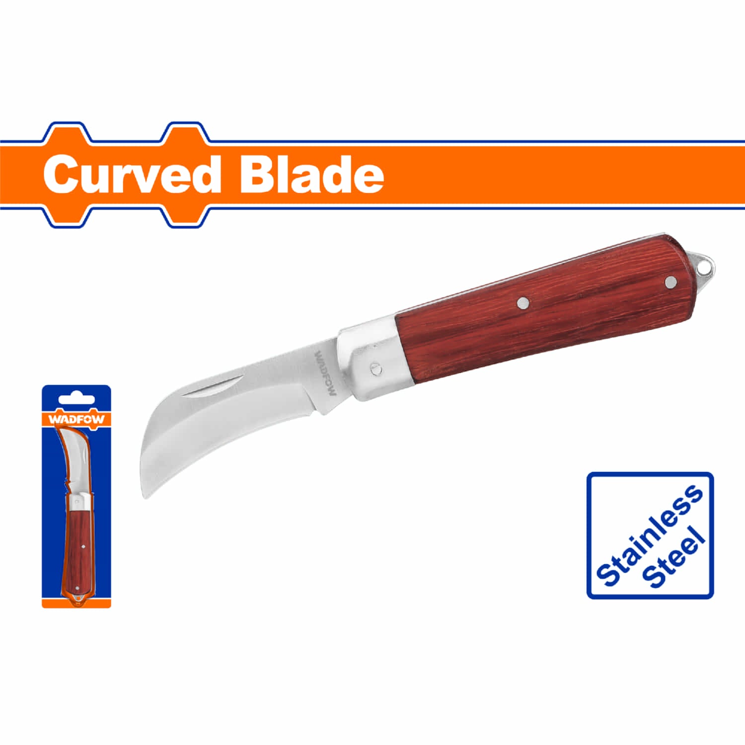 Cuchillo Pelacables Curvo 7" de Acero. Grosor 3mm. Con mango de madera. Navaja