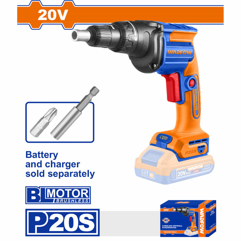 Drill para Drywall destornillador inalámbrico 20V 1/4" para gypsum. Veloc sin carga: 4200 rpm Incluye Punta y Conector. Taladro Batería y cargador por separado.