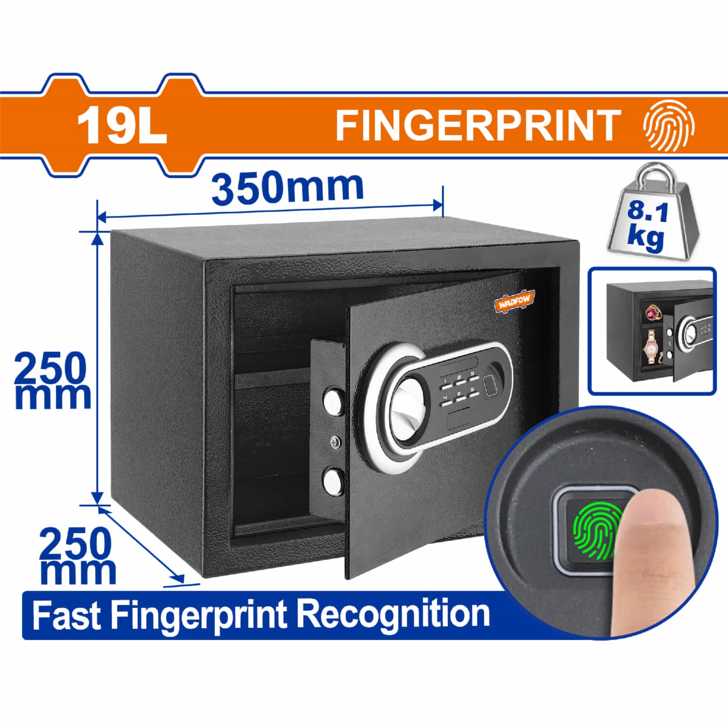 Caja Fuerte de Seguridad 19 L. 250 x 350 x 250 mm. Registra 3 a 8 dígitos. Con reconocimiento de huella digital. Se puede fijar a la pared o al suelo. Caja de Seguridad.