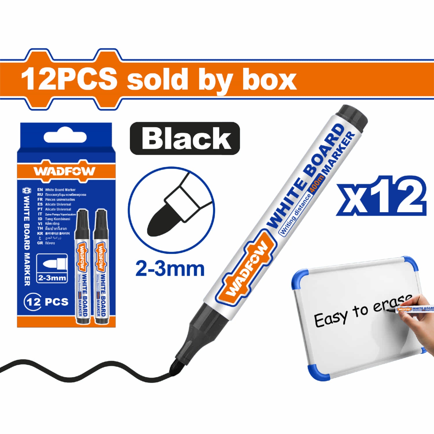 Marcadores para tablero punta biselada 2-3mm Negro Set 12 pzas. Borra fácil. Rotulador pizarra Piloto Plumon