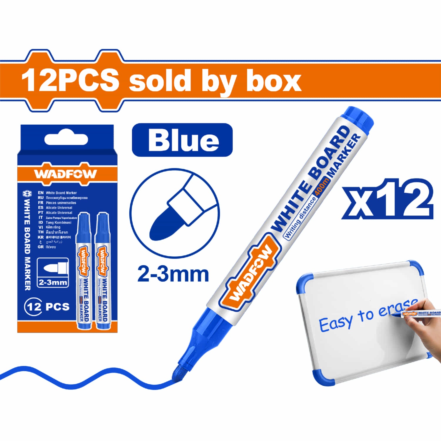 Marcadores para tablero punta biselada 2-3mm Azul Set 12 pzas. Borra fácil. Rotulador pizarra Piloto Plumon.