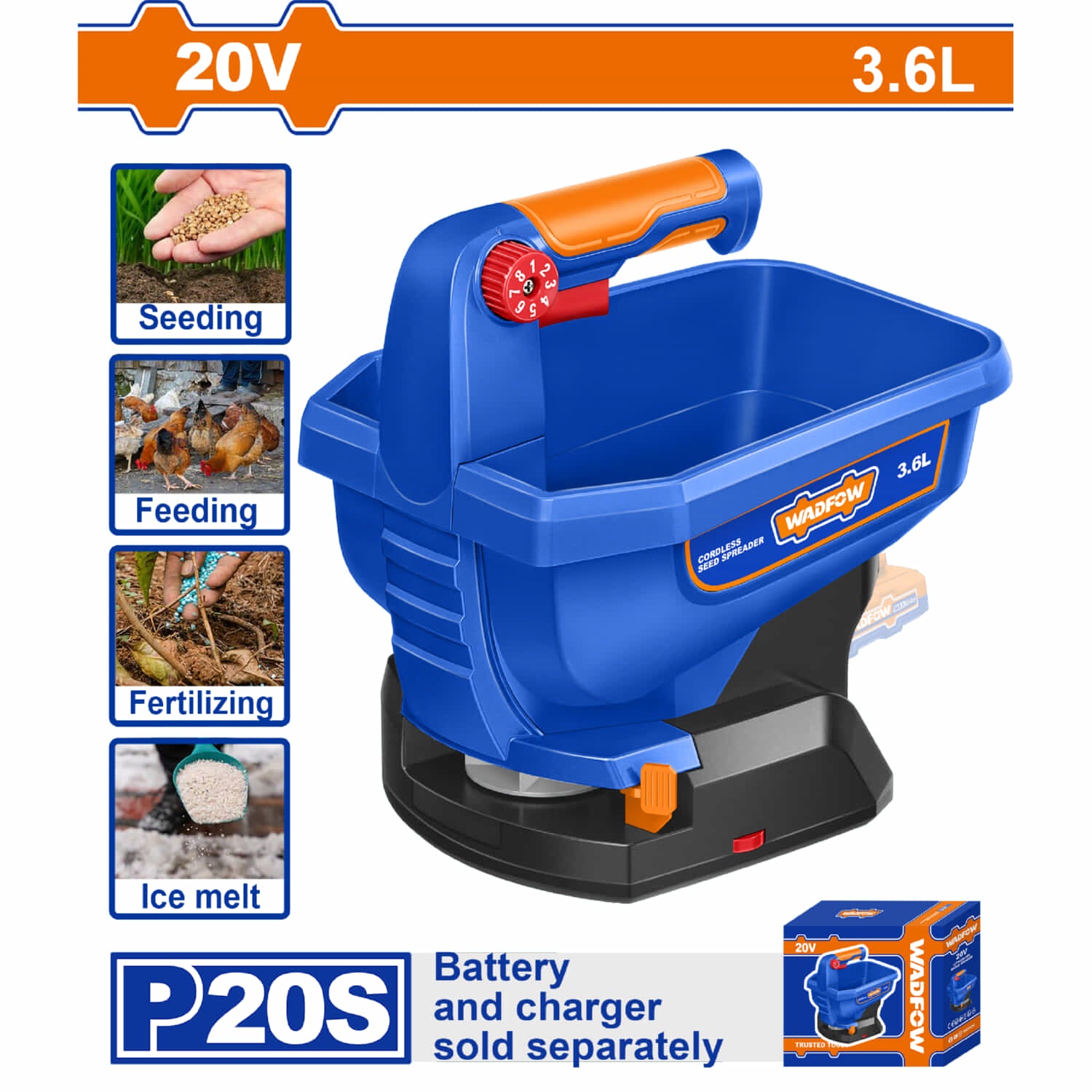 Esparcidor de Semillas y fertilizantes Inalámbrico 20V 3.6L 2200rpm. Veloc. 5 niveles. Flujo 8 niveles. Usos con fertilizantes y semillas de cultivo. Batería y cargador por separado. Dosificador.