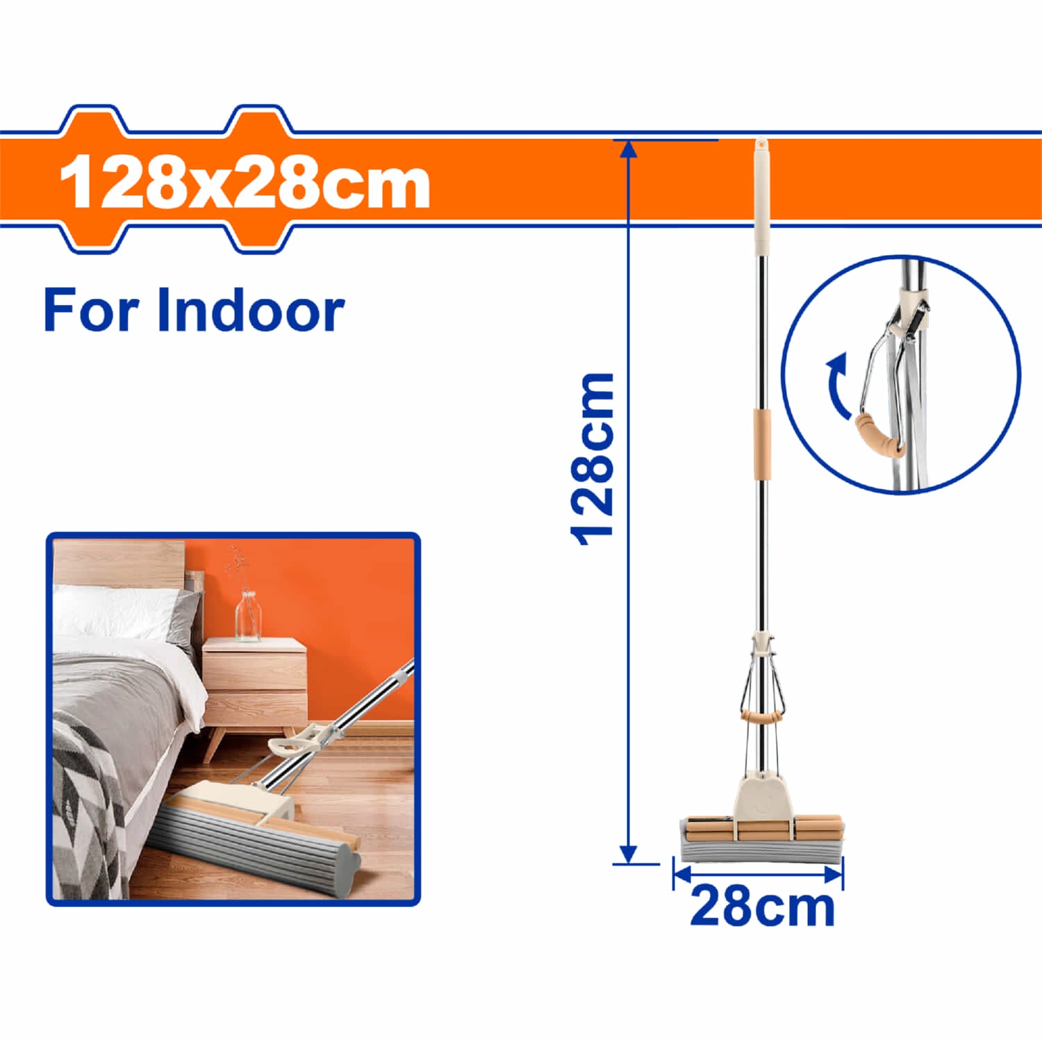Trapeador mopa de poliuretano para interiores 128x28cm con escurridor. Mopa para pisos interiores.