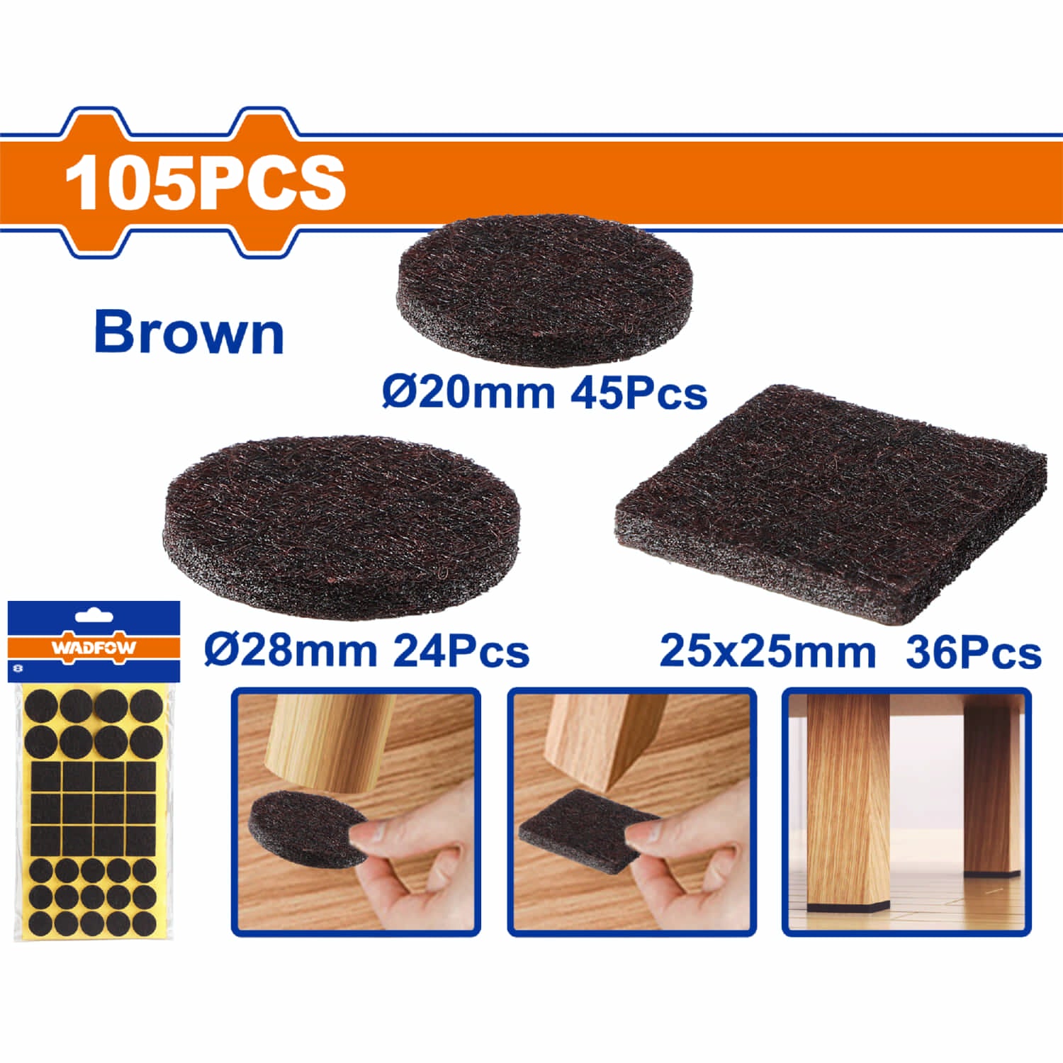 Almohadillas autoadhesivas color Marrón. Tamaños surtidos Grosor: 3mm Set de 105 piezas.  Fieltros parches deslizadores