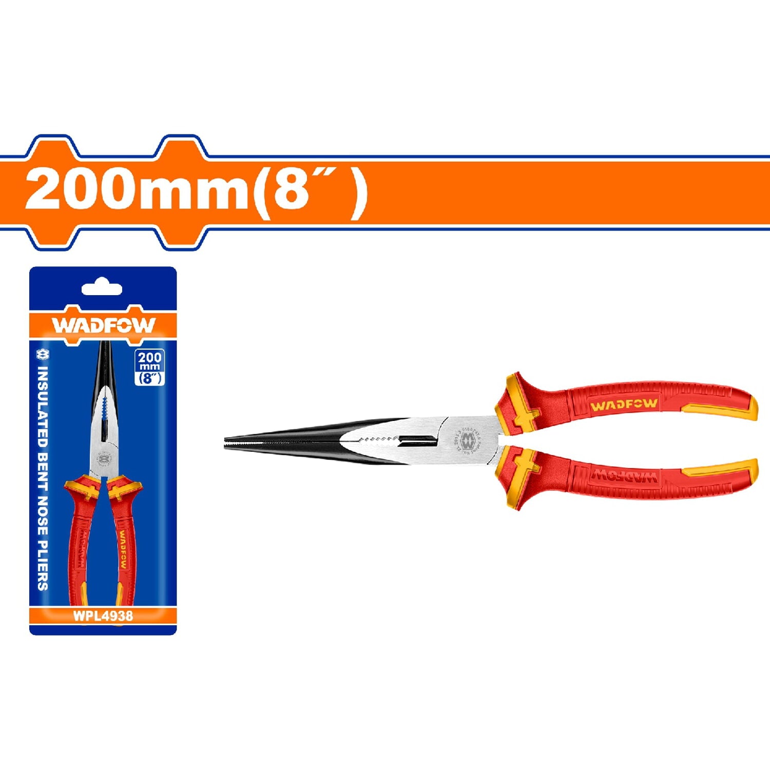 Alicate de punta doblada 200mm(8") de mango aislado. Acabado negro pulido. Soporta 1000V