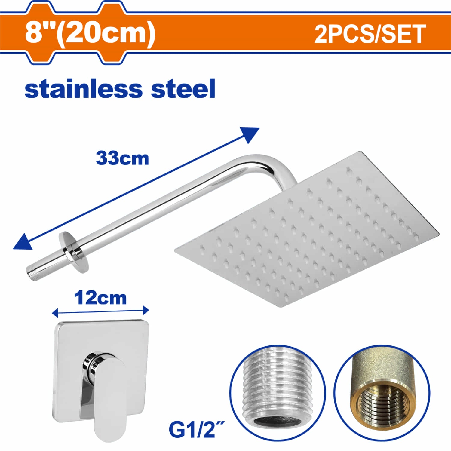 Ducha monomando empotrada cuadrada, rociador 8", brazo 33cm Acero inoxidable. SET 2 pzas.