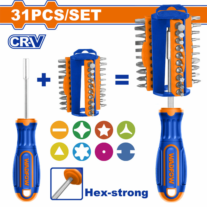 Destornillador 31 en 1. CR-V. Inc: 1 mango, 30 puntas variadas, mango hexagonal, magnético. SET Desarmador