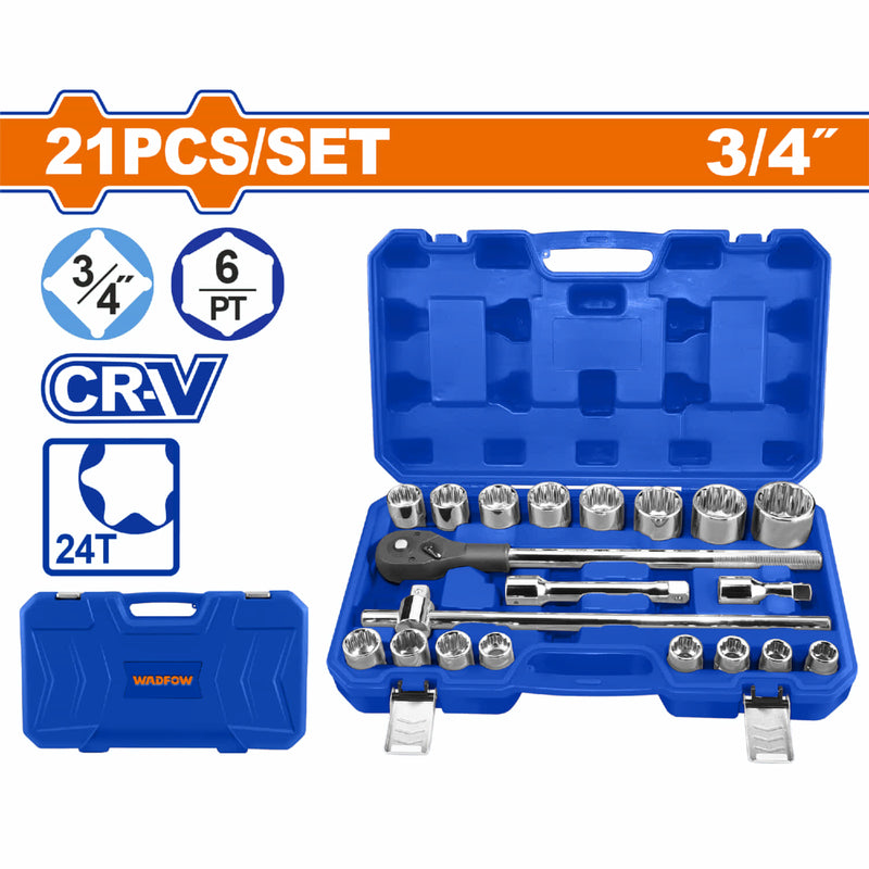 Dados Socket de 3/4" 21 piezas 24 dientes Cr-V Cromado de Tratamiento Térmico. Se vende en Juego Set