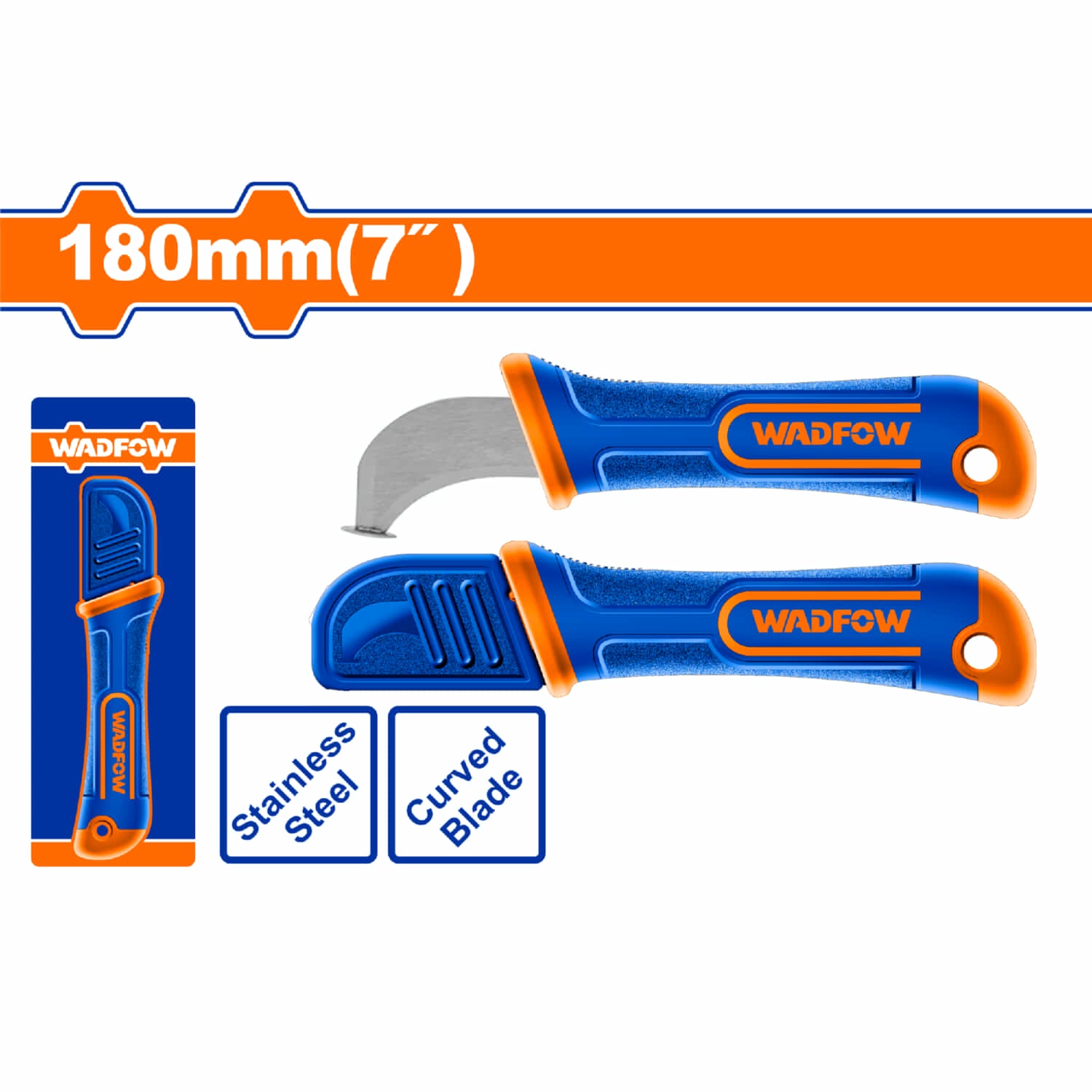 Cuchillo Pelacables Curvado 7" de Acero Inoxidable. Con mango ergonómico de plastico. Superficie arenada. Con cubierta protectora. Navaja