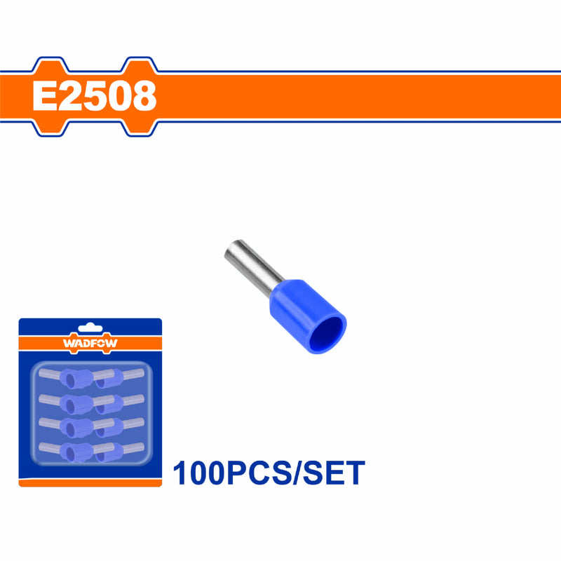 Terminales conectores para cables eléctricos E2508 Set 100 pzas Color azul Crimpado eléctrico.