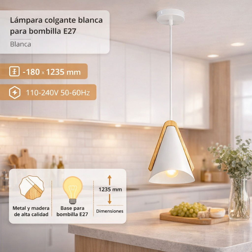 Lámpara Colgante Blanca Clásica 1XE27 Decoración Versátil de Metal y Madera 180x1235mm
