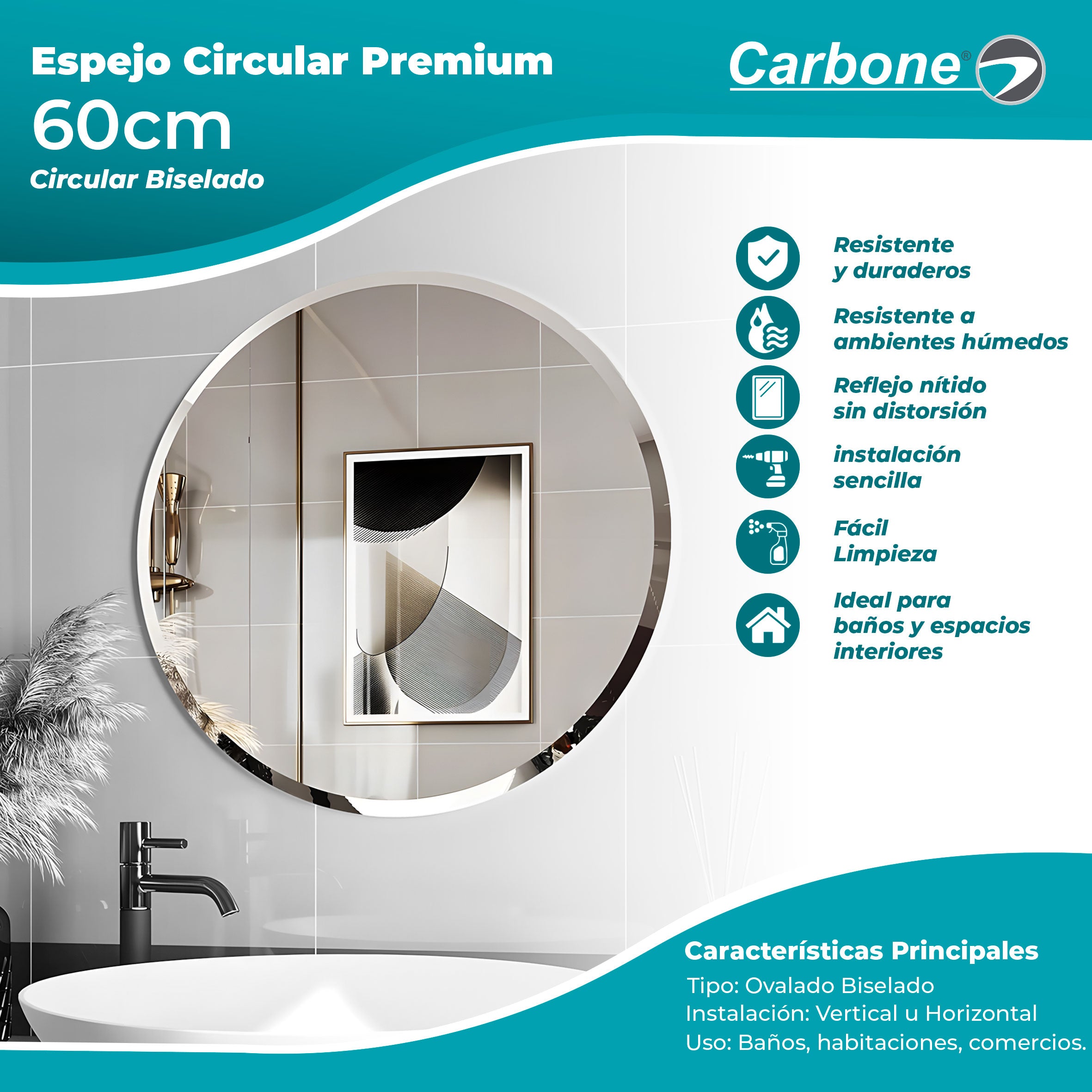 Espejo Biselado Circular Diametro 60 cm