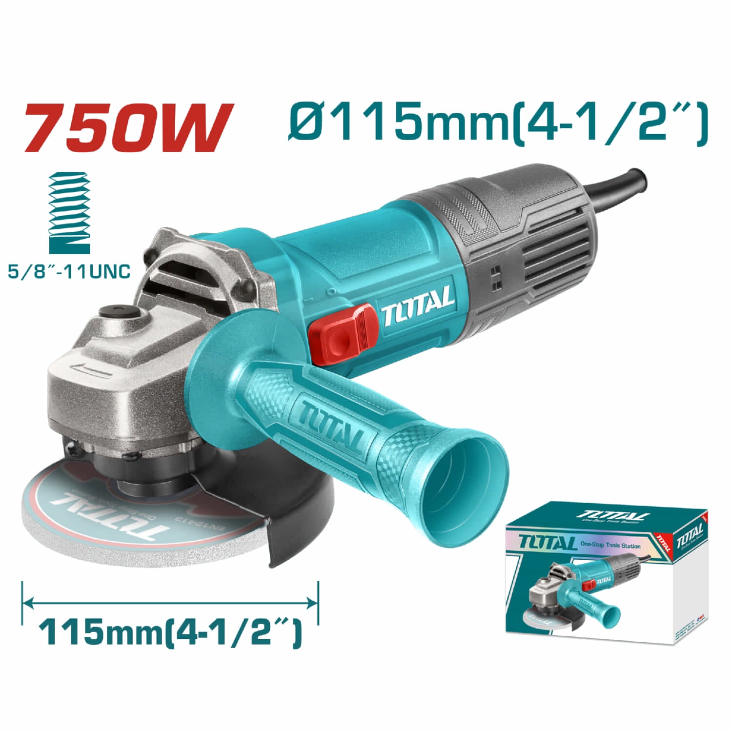 Esmeril angular de 4 1/2" Total 110V-120V~60Hz 750W. 5/8"-11 UNC, 12000 rpm.