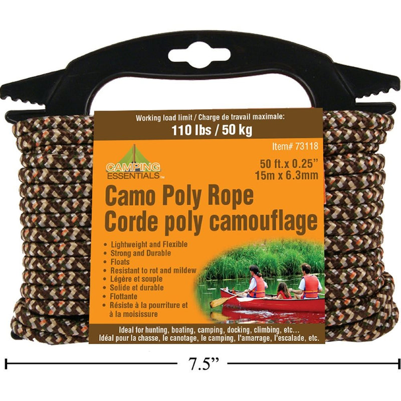 Cuerda soga de polietileno de camuflaje para acampar, 50 'x .25 "