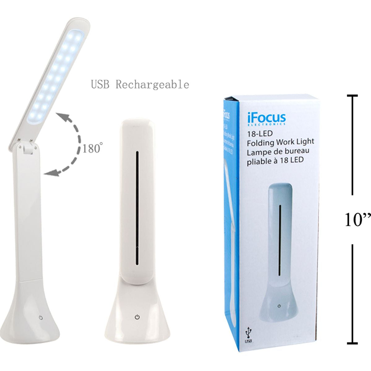 iFocus, Lampara luz de trabajo plegable de 18 LED, recargable por USB, blanco