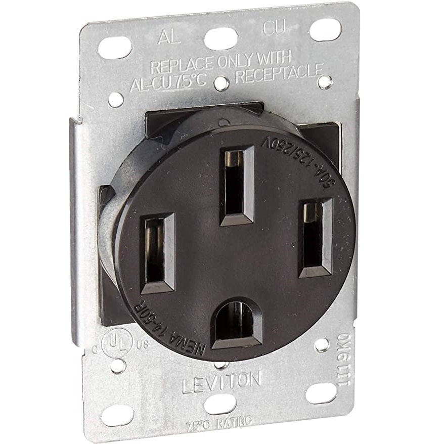 Receptáculo de montaje empotrado de 50 amperios, 125/250V, NEMA 14-50R, 3P, 4W, color negro