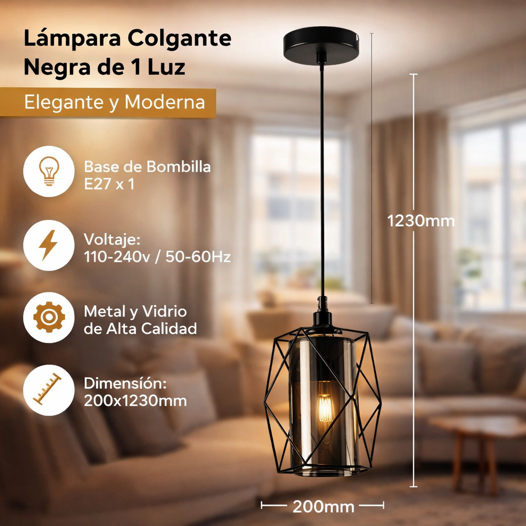 Lámpara Colgante Negra 1XE27 200x1230mm Elegancia Moderna y Versátil.