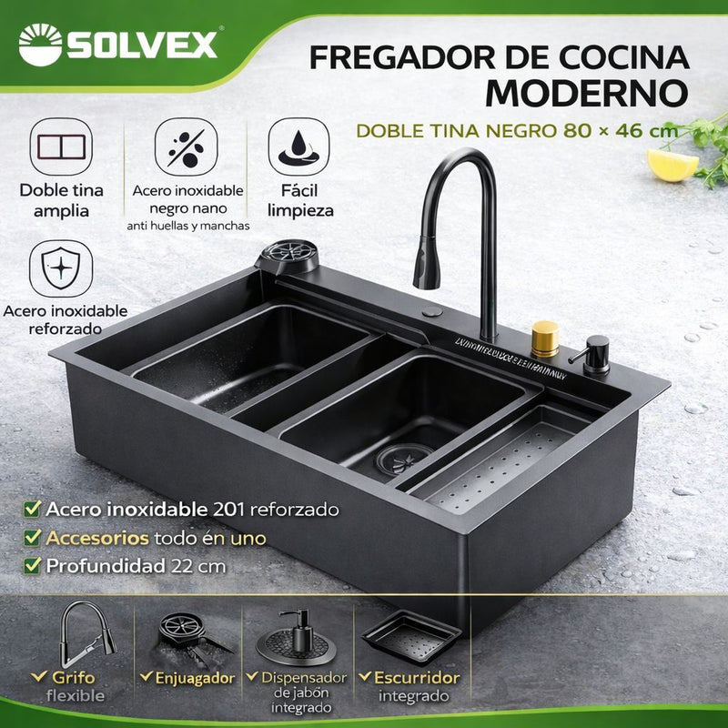 Fregador de Cocina Empotrable con Doble Tina 80x46x22cm. Acero Inoxidable. Color negro. Incluye grifo, escurridor y dispensador