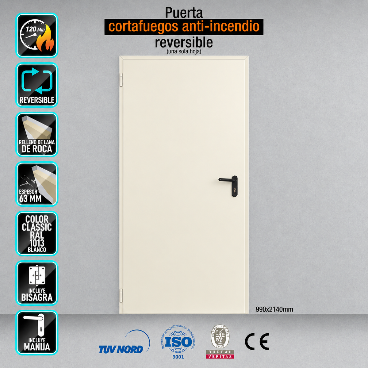 Puerta Cortafuegos Reversible EI120 minutos 990x2140mm marco MC3 color Blanco crema RAL 1013 (No incluye cilindro ni cuadrillo partido, se vende por separado)