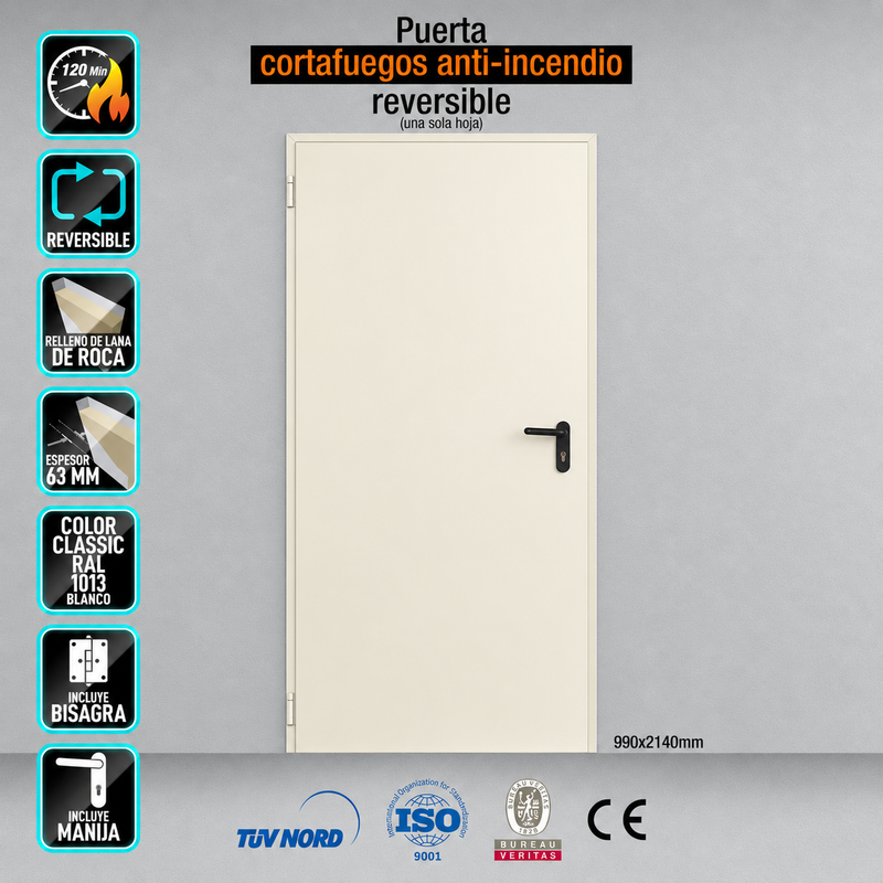 Puerta Cortafuegos Reversible EI120 minutos 990x2140mm marco MC3 color Blanco crema RAL 1013 (No incluye cilindro ni cuadrillo partido, se vende por separado)