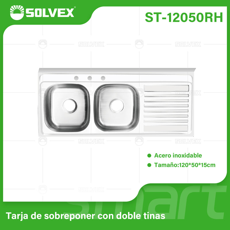 Fregador de Cocina Doble Tina 120x50x15cm. Acero Inoxidable con Escurridor Derecho y 3 Orificios Superficie Cepillada.