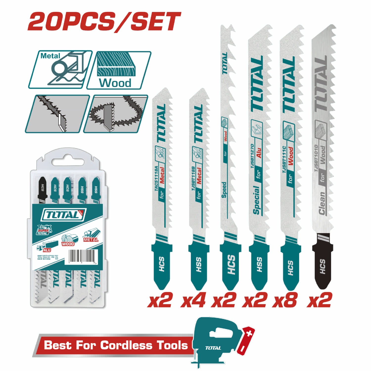 Hojas de Sierra de Calar para Maderay Metal T111C, T244D, T101D, T118B, T118A, T127D Set de 20 Piezas