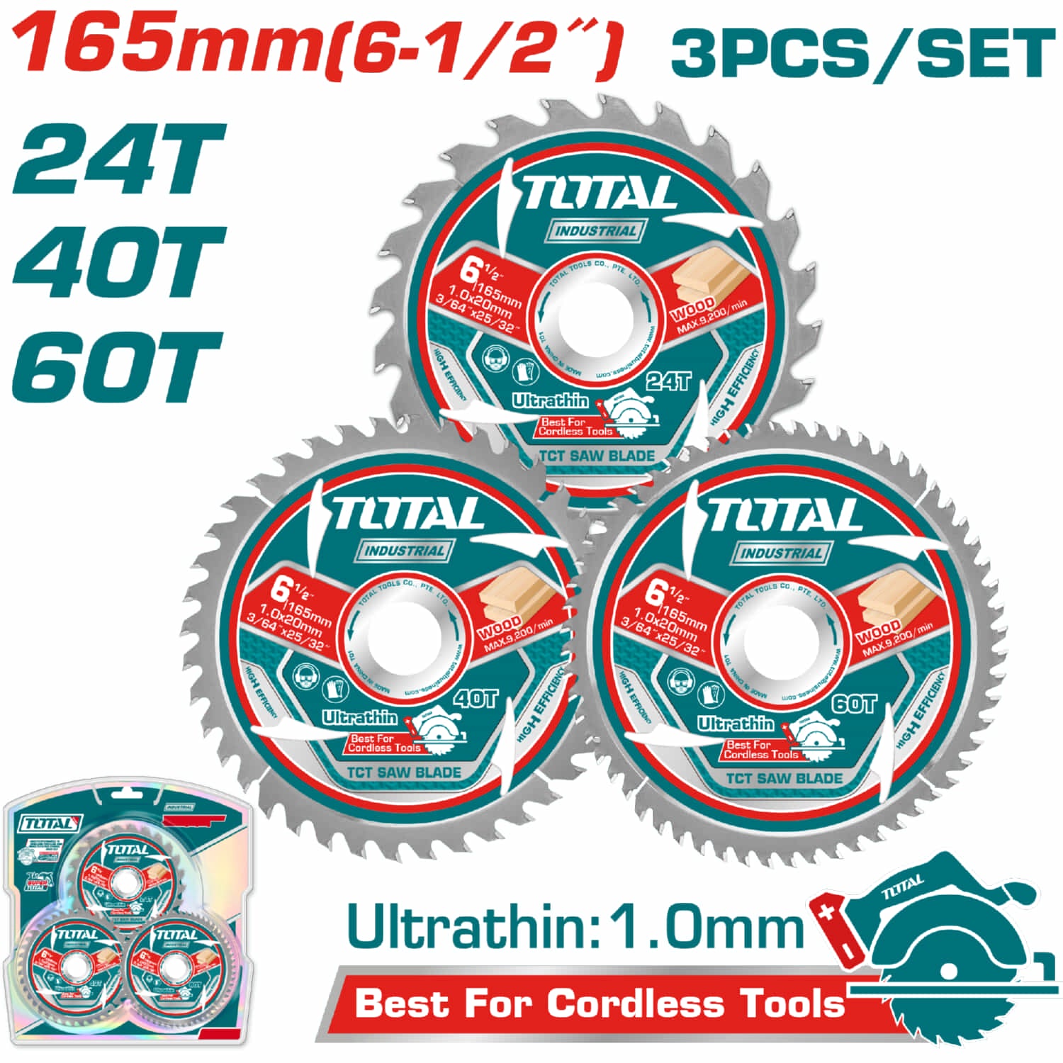Discos 6 1/2" Sierras Ultra Fina 24T/40T/60T para Corte de Madera, con Anillo de Reducción de 20 mm a 16 mm, Espesor 1,0 mm. Set de 3 piezas. Uso Madera. Sierra Circular.