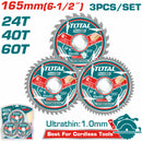 Discos 6 1/2" Sierras Ultra Fina 24T/40T/60T para Corte de Madera, con Anillo de Reducción de 20 mm a 16 mm, Espesor 1,0 mm. Set de 3 piezas. Uso Madera. Sierra Circular.