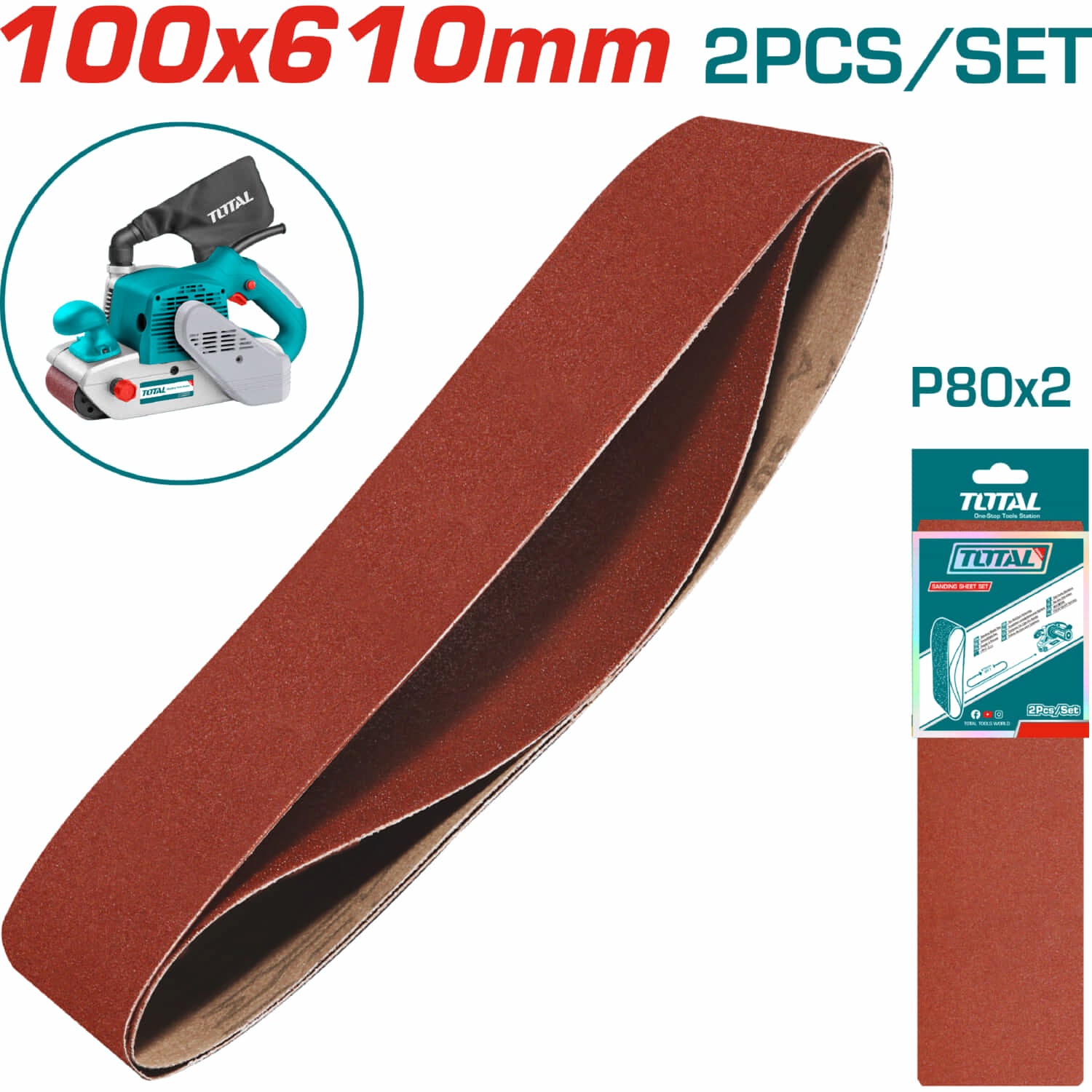 Bandas de Lija 100x610mm. Grano P80 Set de 2 piezas. Compatible con TBS12001