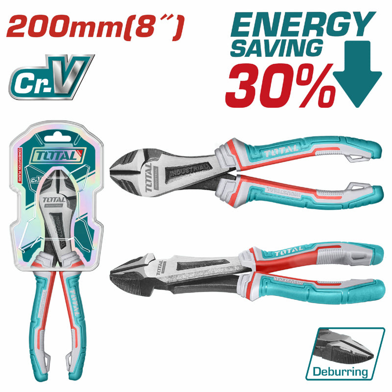 Alicates de corte diagonal de trabajo pesado de 8" Cr-V. De alto apalancamiento. Ahorro de energía 30% Con función de desbarbado. Acabado negro y pulido.