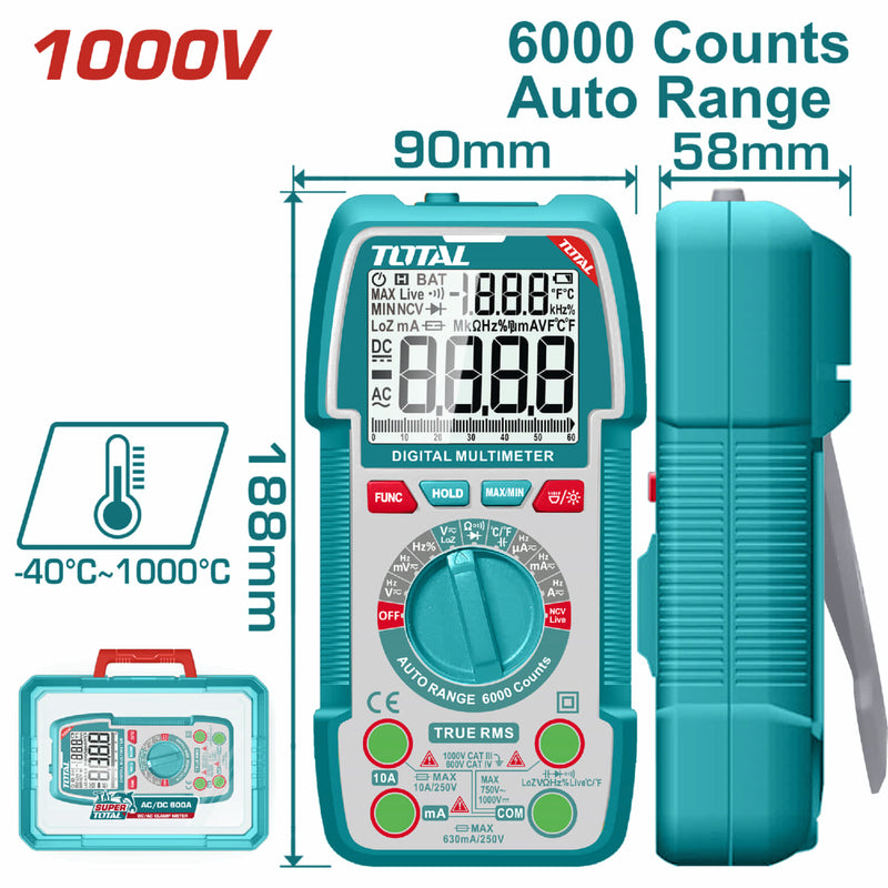 Multímetro digital rango automático de 6000 conteos. Con Retención De Datos. Resistencia 600Ω. Detección de voltaje sin contacto.
