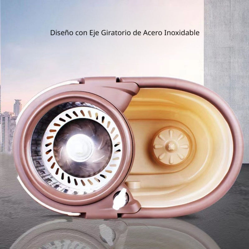 Spin mop Trapeador Giratorio 360° con Cubo Escurridor de Acero Inoxidable. Color Crema. Lampazo Con Mango Ajustable 85 a 115 cm. (Modelo Económico)