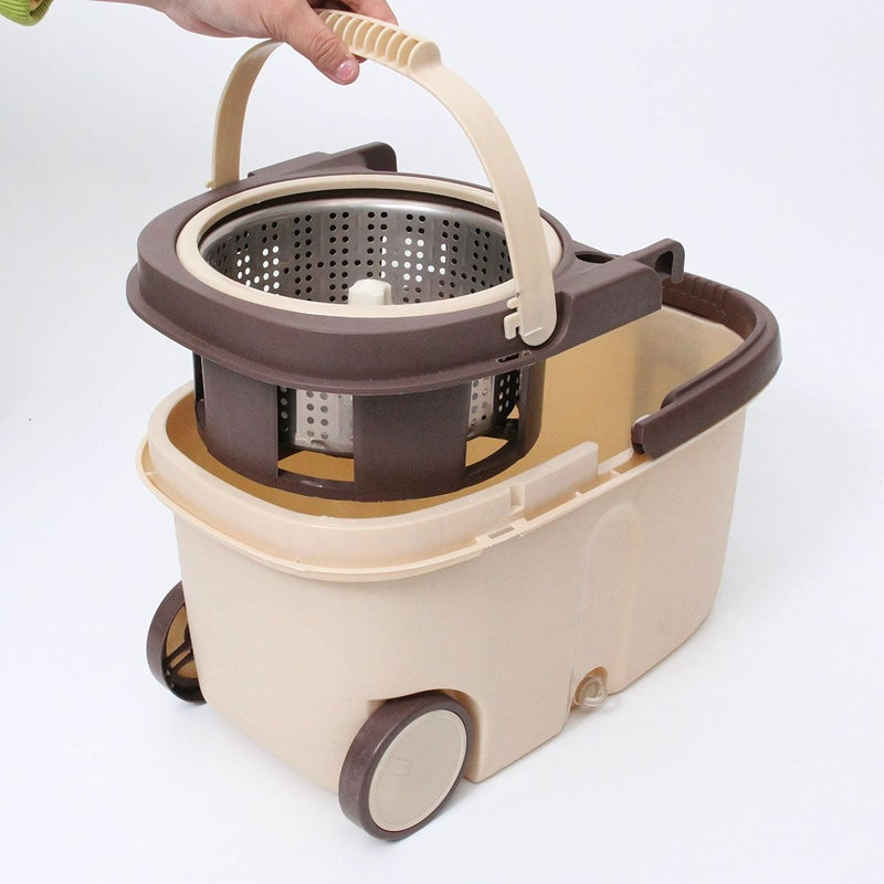 Spin mop Trapeador Giratorio 360° con Cubo Escurridor de Acero Inoxidable. Color Crema. Lampazo Con Mango Ajustable 85 a 115 cm. (Modelo Económico)