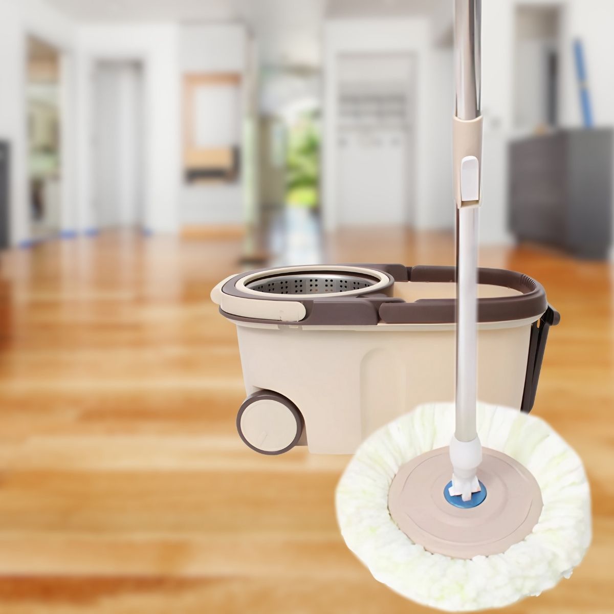 Spin mop Trapeador Giratorio 360° con Cubo Escurridor de Acero Inoxidable. Color Crema. Lampazo Con Mango Ajustable 85 a 115 cm. (Modelo Económico)