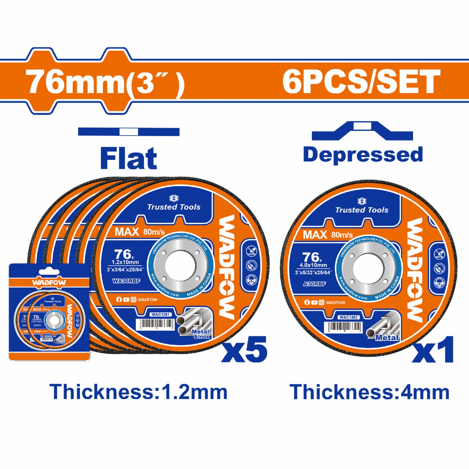 Discos Abrasivos para Metal 3" 76mm Tipo Plano y Hundido. Ideal para corte metal, inoxidable y desbate. Set de 6 piezas.