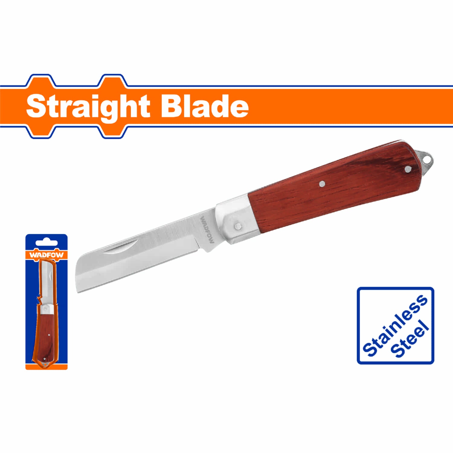 Cuchillo Pelacables Recto 8" de Acero. Grosor 3mm. Con mango de madera. Navaja