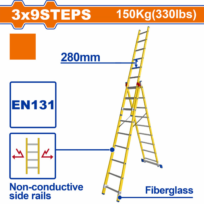 Escalera De Tijera Extensible Fibra de Vidrio Escalones 3X9 Carga Máxima: 150Kg. Altura Escalon: 280mm.