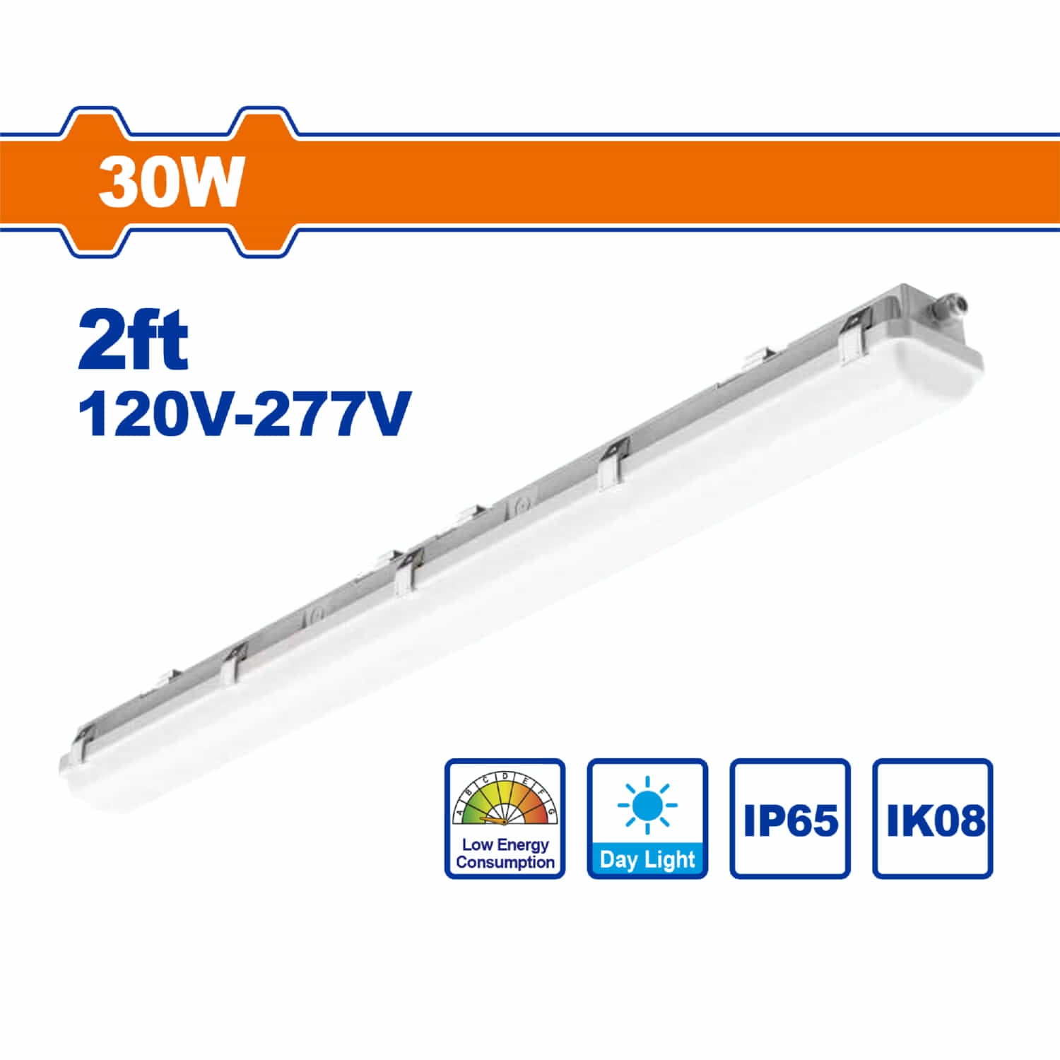 Lámpara LED Rectangular Industrial IP65 30W Long. 2 pies. 6500K 120Lm Luz Diurna. 600x95x76mm Anti agua para bodegas.