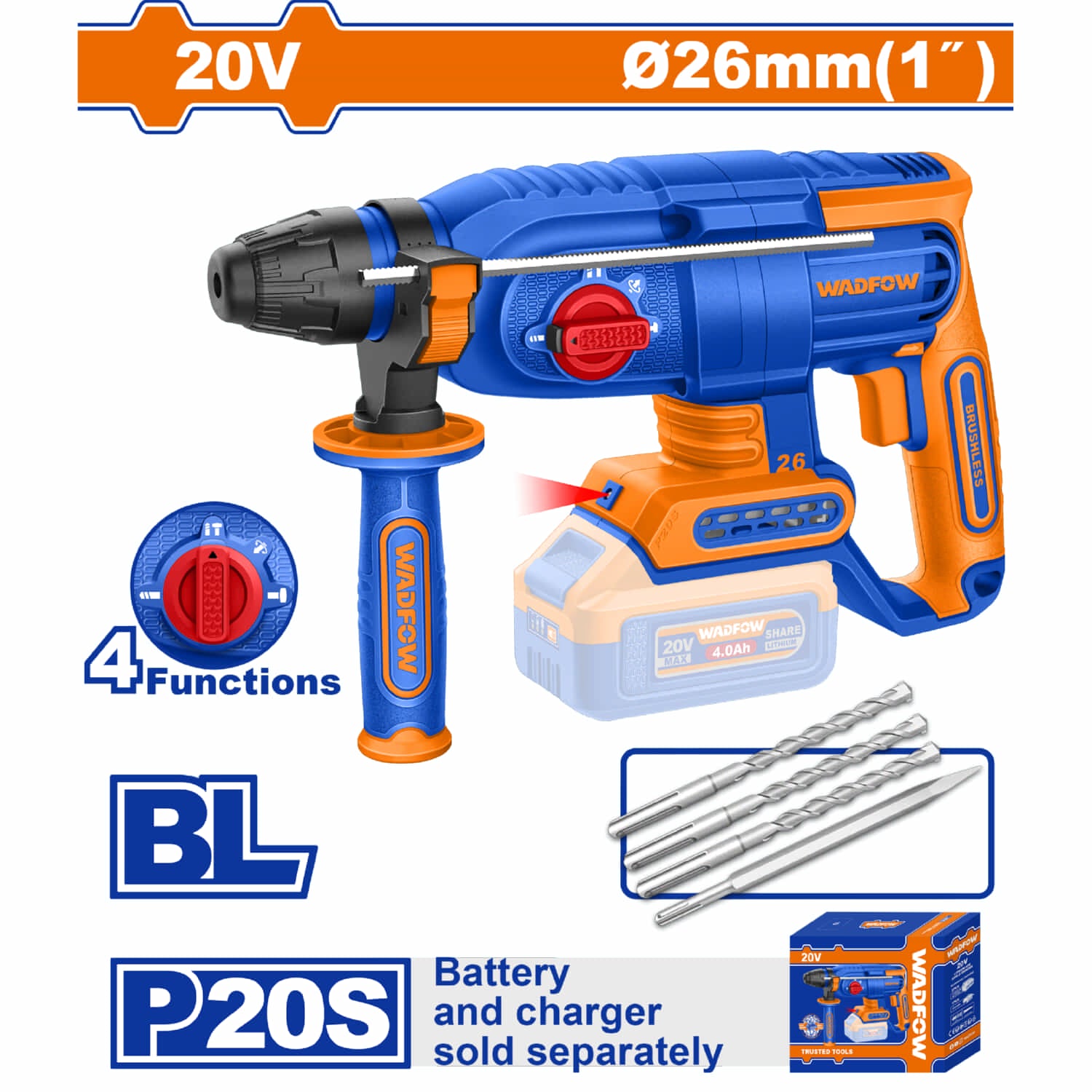Taladro Rotomartillo 20V. Motor sin escobillas. Perfora concreto: 26mm. Batería y cargador por separado.