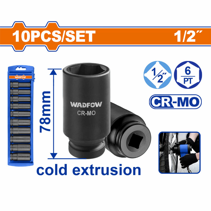 Dados Socket de Impacto de 1/2" Largo:78mm. CrMo. Tamaños 10-24mm, Tratamiento Térmico. Set de 10 piezas.