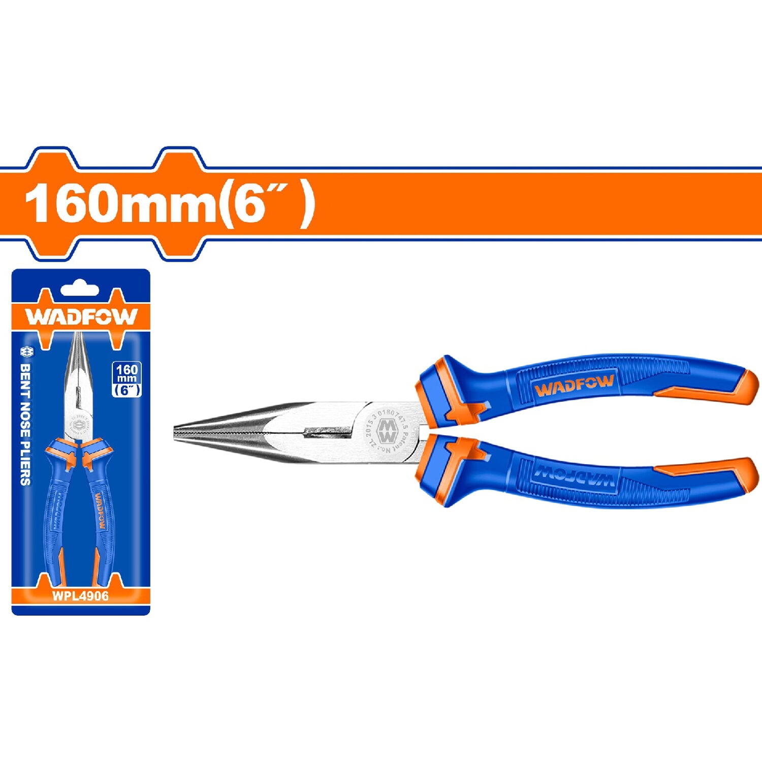 Alicate de punta doblada 6"/160mm. Pulido y antióxido. Con mango de dos colores.