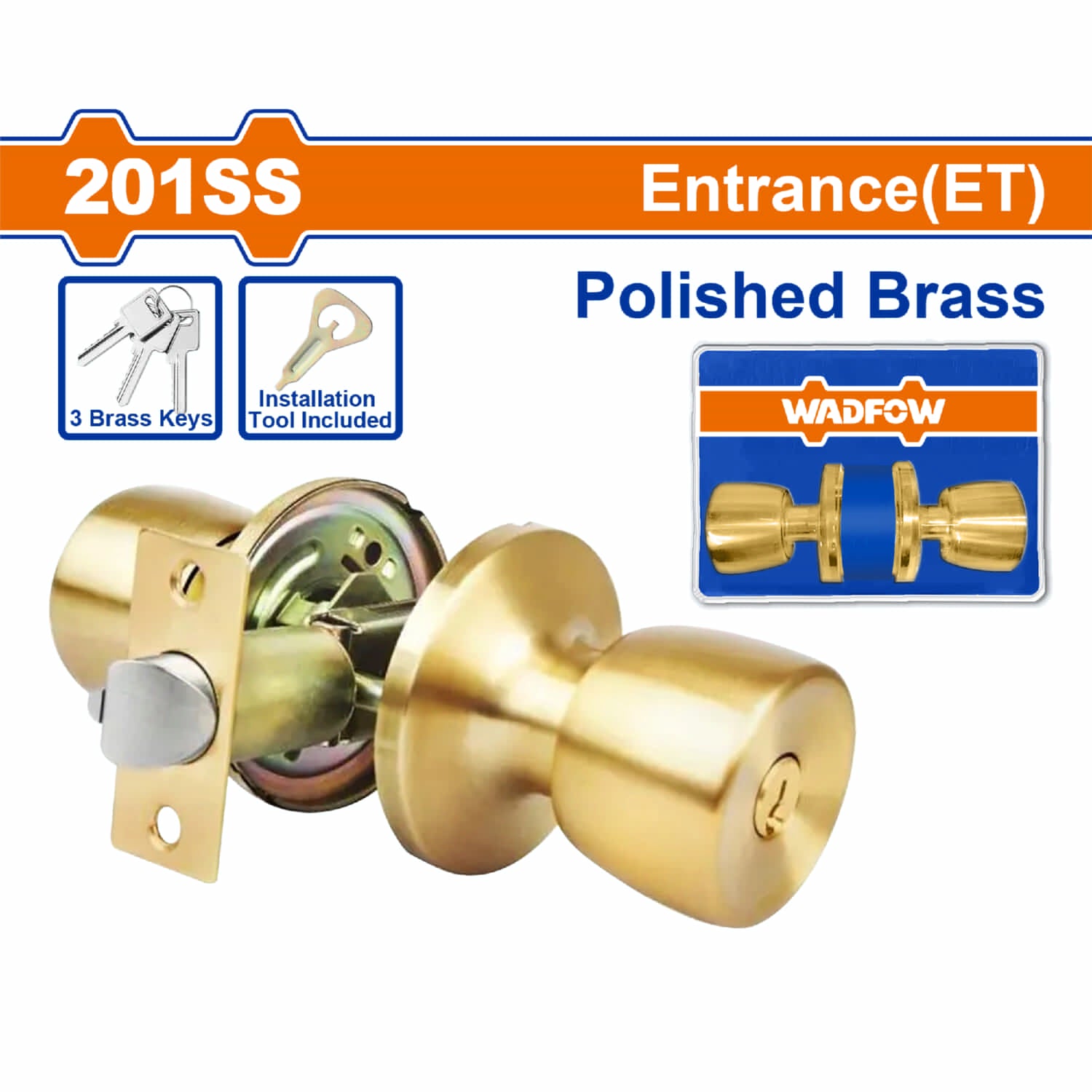 Cerradura tubular pomo de puerta entrada (ET) llave 65mm acero inoxidable bronce pulido. Pomo tubular. 3 llaves.